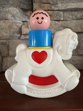 Fisher-Price White Rocking Horse Plush Figure Toy with Pink Head and Blue Hat